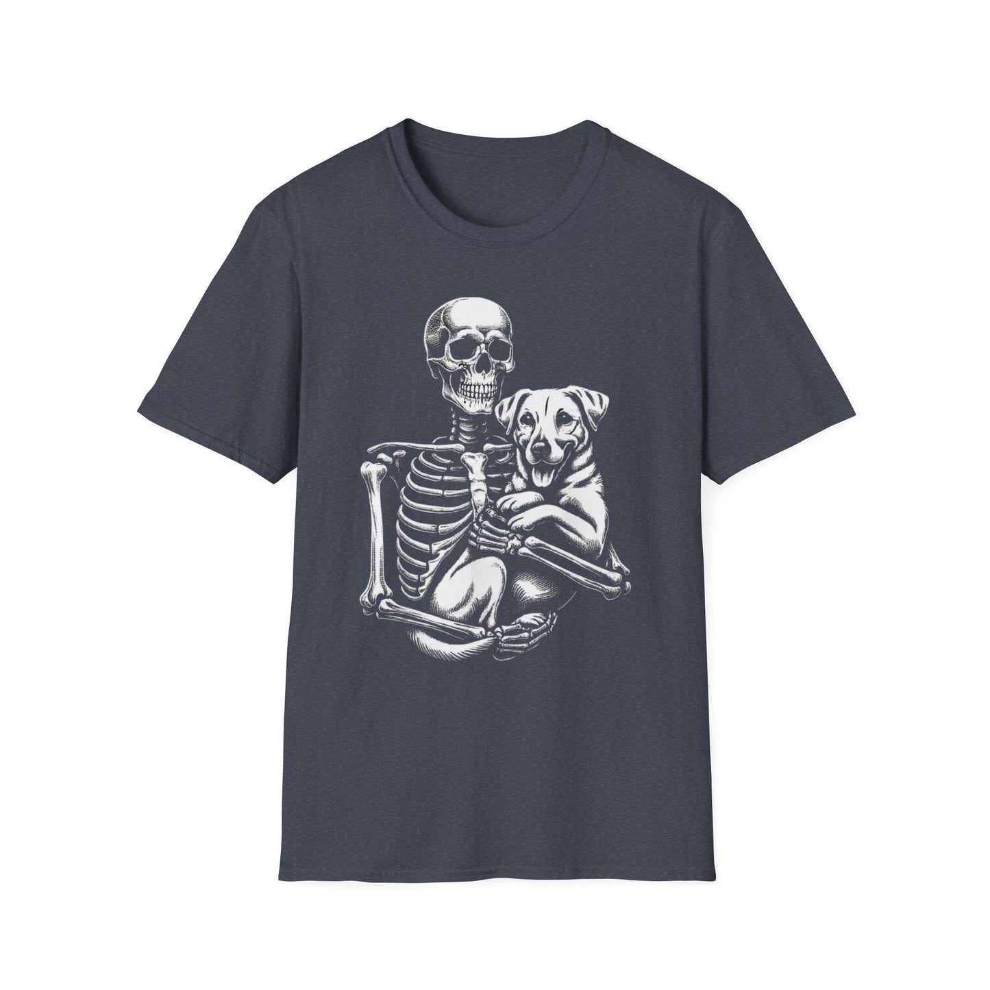Skeleton and Dog Graphic Tee, Halloween T-Shirt, Pet Lover Gift, Unisex Softstyle Shirt, Casual Wear, Funny Pet Shirt