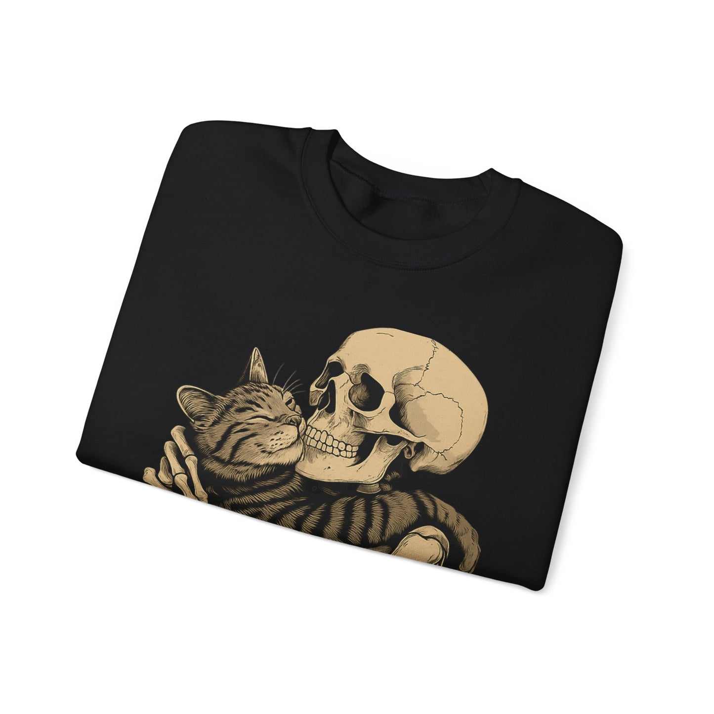 Skeleton and Cat Love Crewneck Sweatshirt, Cozy Unisex Pullover, Funny Sweatshirts, Halloween Gift, Pet Lover Apparel, Casual Fashion