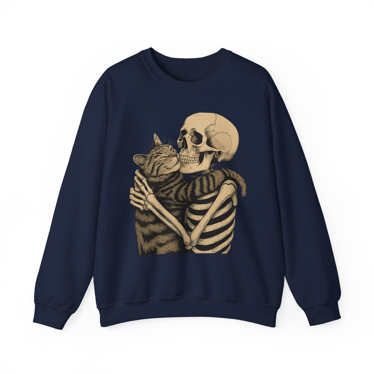 Skeleton and Cat Love Crewneck Sweatshirt, Cozy Unisex Pullover, Funny Sweatshirts, Halloween Gift, Pet Lover Apparel, Casual Fashion