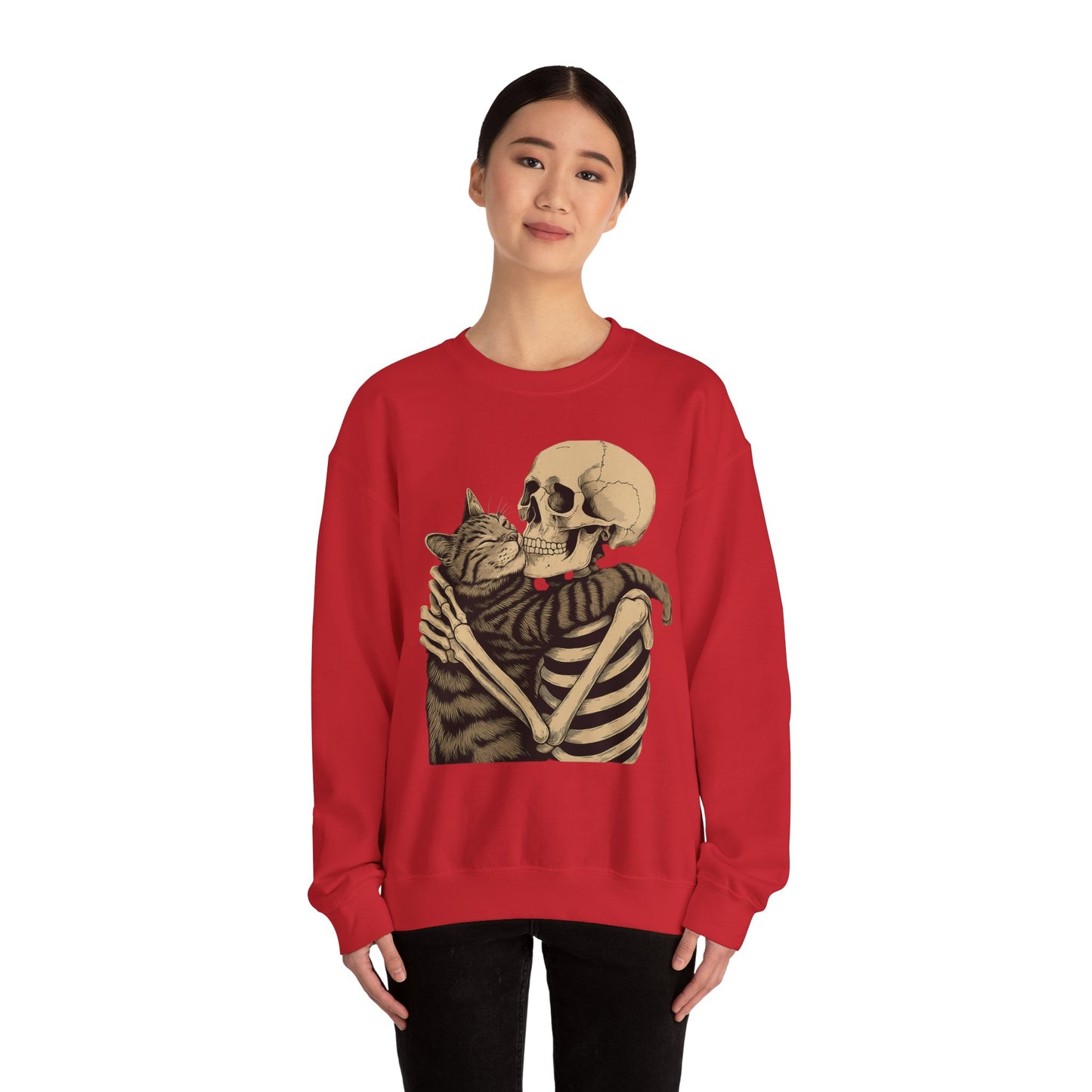 Skeleton and Cat Love Crewneck Sweatshirt, Cozy Unisex Pullover, Funny Sweatshirts, Halloween Gift, Pet Lover Apparel, Casual Fashion