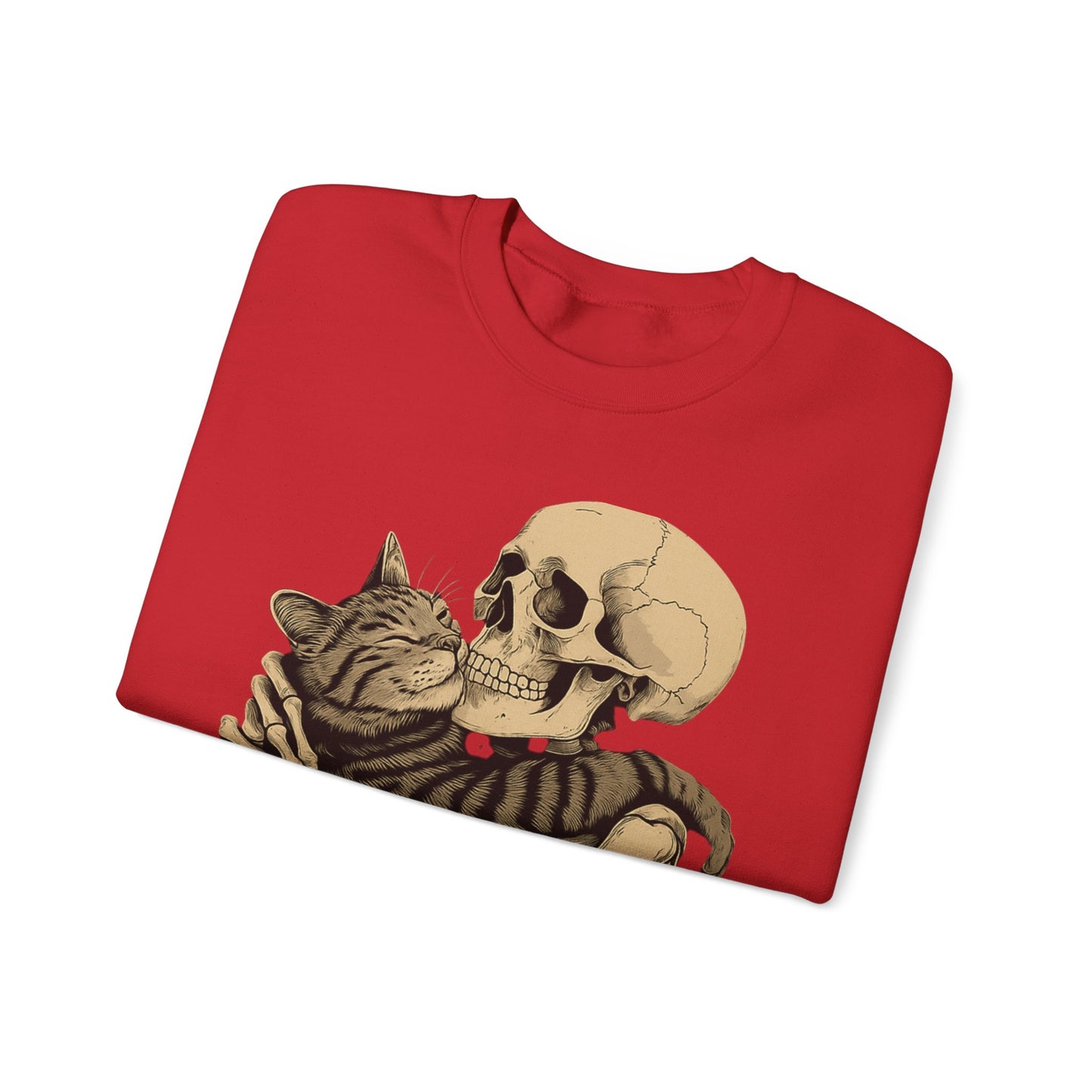 Skeleton and Cat Love Crewneck Sweatshirt, Cozy Unisex Pullover, Funny Sweatshirts, Halloween Gift, Pet Lover Apparel, Casual Fashion