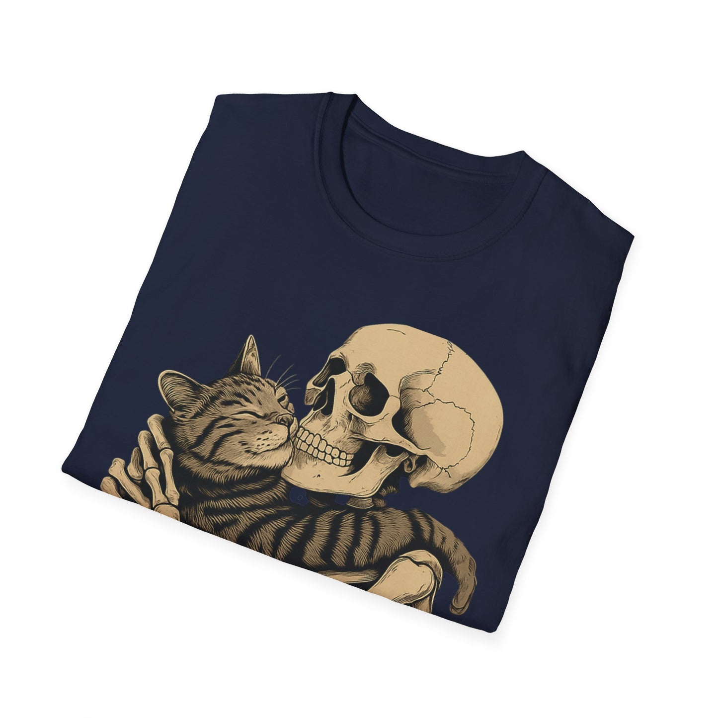 Skeleton and Cat Unisex T-Shirt, Cute Cat Lover Gift, Halloween Apparel, Cozy Casual Wear, Funny Gift for Pet Owners