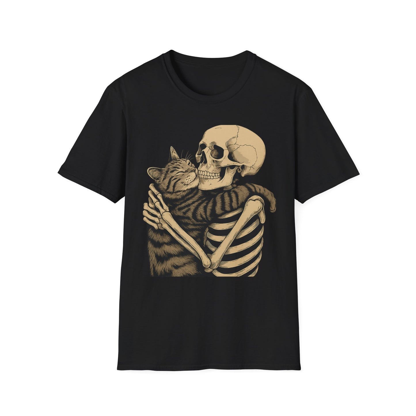 Skeleton and Cat Unisex T-Shirt, Cute Cat Lover Gift, Halloween Apparel, Cozy Casual Wear, Funny Gift for Pet Owners