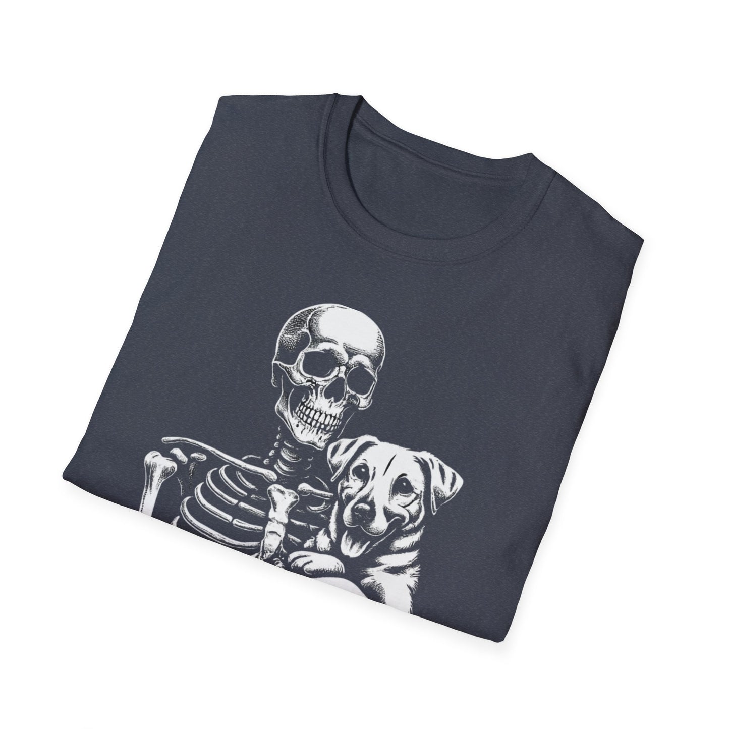Skeleton and Dog Graphic Tee, Halloween T-Shirt, Pet Lover Gift, Unisex Softstyle Shirt, Casual Wear, Funny Pet Shirt