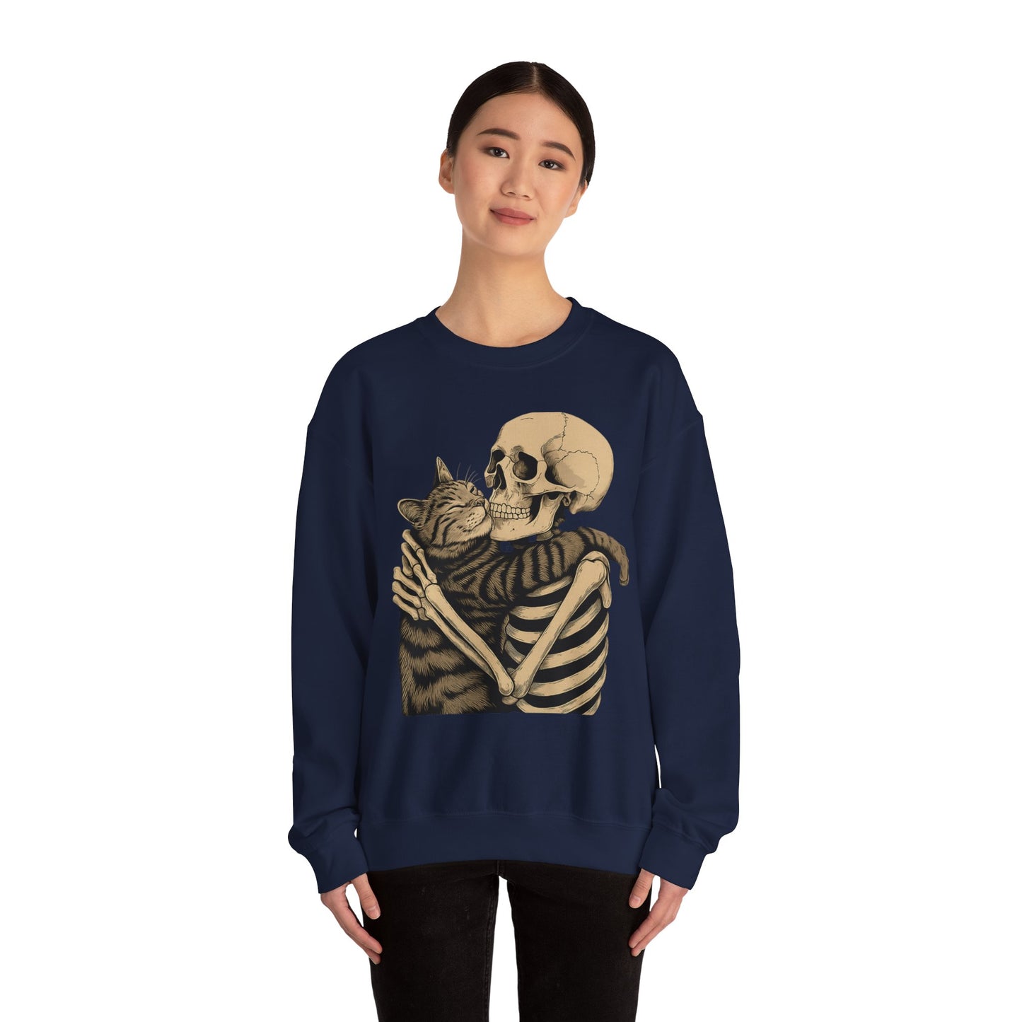Skeleton and Cat Love Crewneck Sweatshirt, Cozy Unisex Pullover, Funny Sweatshirts, Halloween Gift, Pet Lover Apparel, Casual Fashion