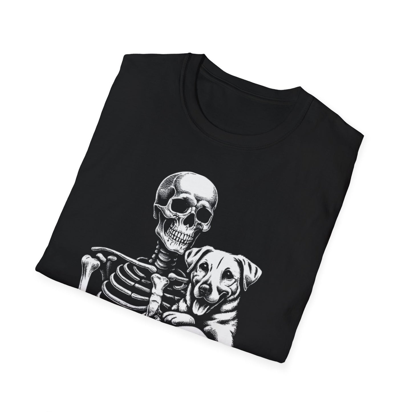 Skeleton and Dog Graphic Tee, Halloween T-Shirt, Pet Lover Gift, Unisex Softstyle Shirt, Casual Wear, Funny Pet Shirt