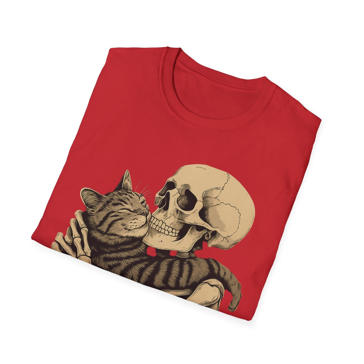 Skeleton and Cat Unisex T-Shirt, Cute Cat Lover Gift, Halloween Apparel, Cozy Casual Wear, Funny Gift for Pet Owners