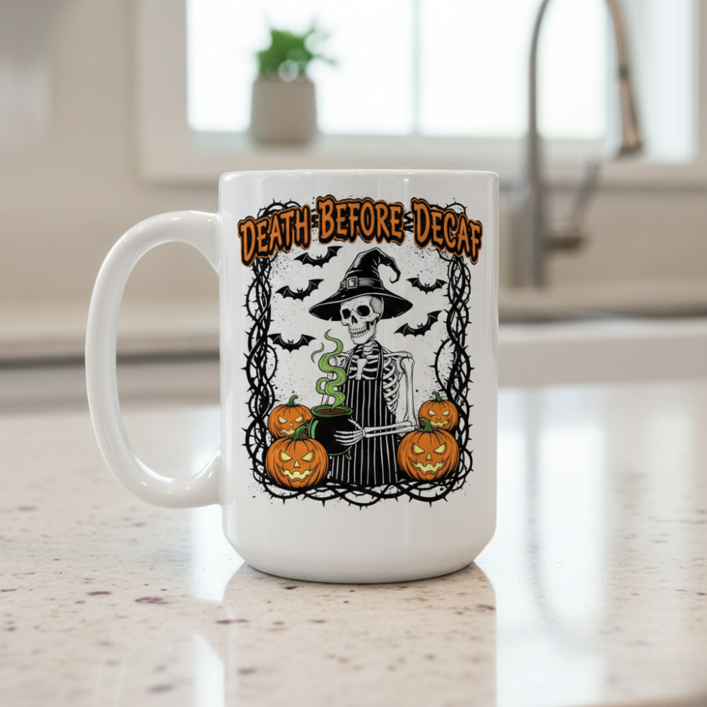 Death Before Decaf Skeleton Barista Mug