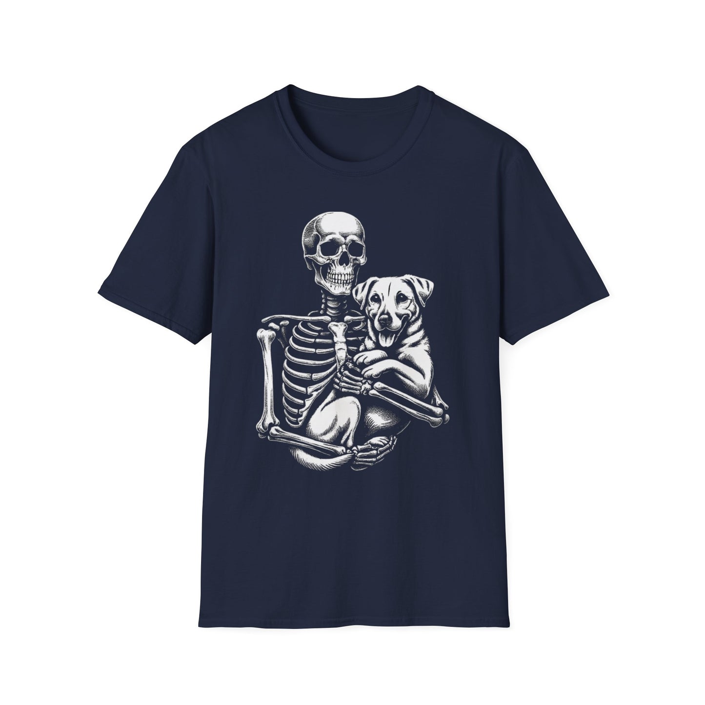 Skeleton and Dog Graphic Tee, Halloween T-Shirt, Pet Lover Gift, Unisex Softstyle Shirt, Casual Wear, Funny Pet Shirt