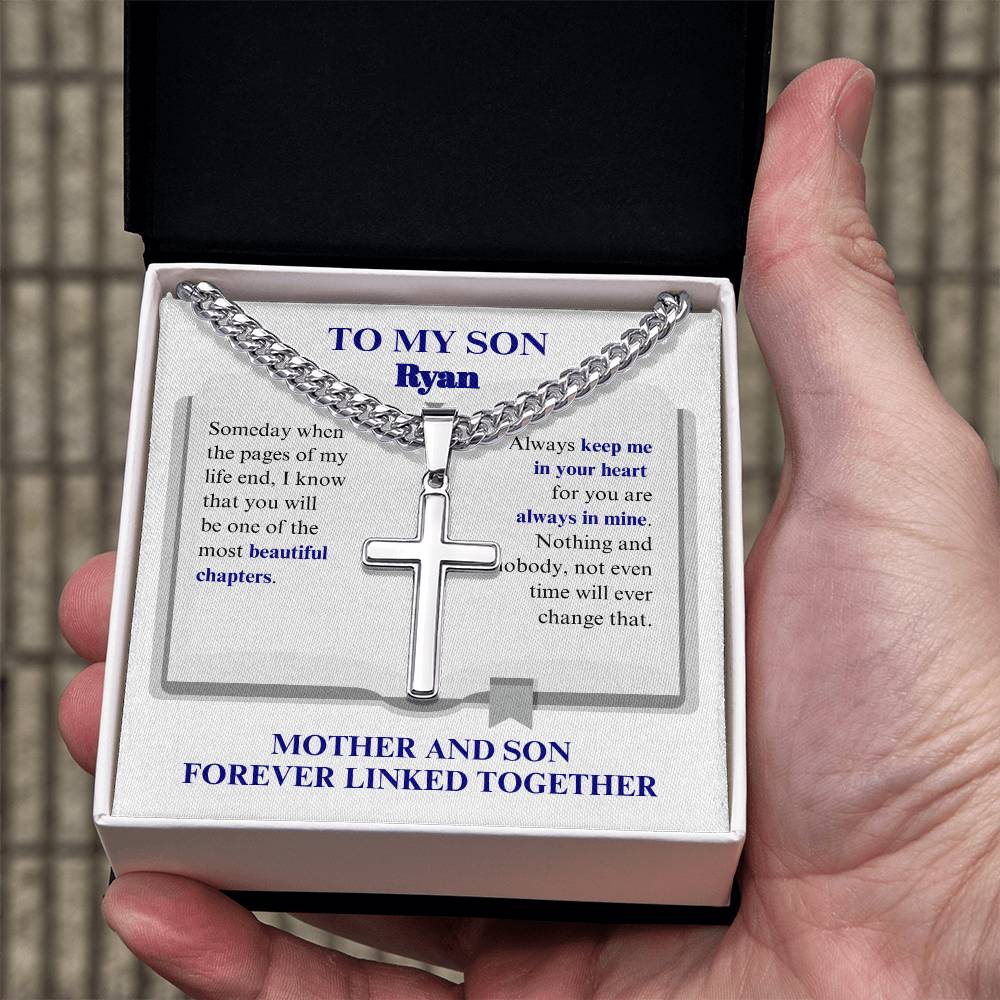 To My Son | Always in My Heart | Personalized Message Card | Cuban Chain with Artisan Cross Necklace