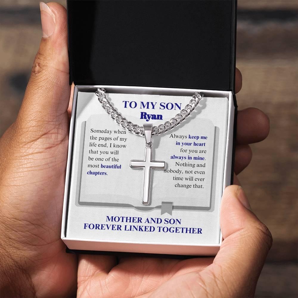 To My Son | Always in My Heart | Personalized Message Card | Cuban Chain with Artisan Cross Necklace - ALL4THEGIFTOFIT