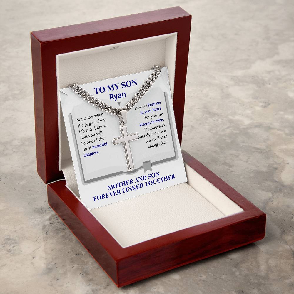 To My Son | Always in My Heart | Personalized Message Card | Cuban Chain with Artisan Cross Necklace