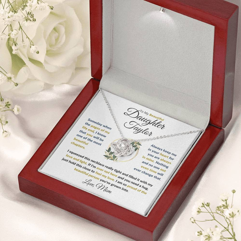 (TOP SELLER π₯)Personalized To My Beautiful Daughter (Black & Gold Print).....Love Knot Necklace