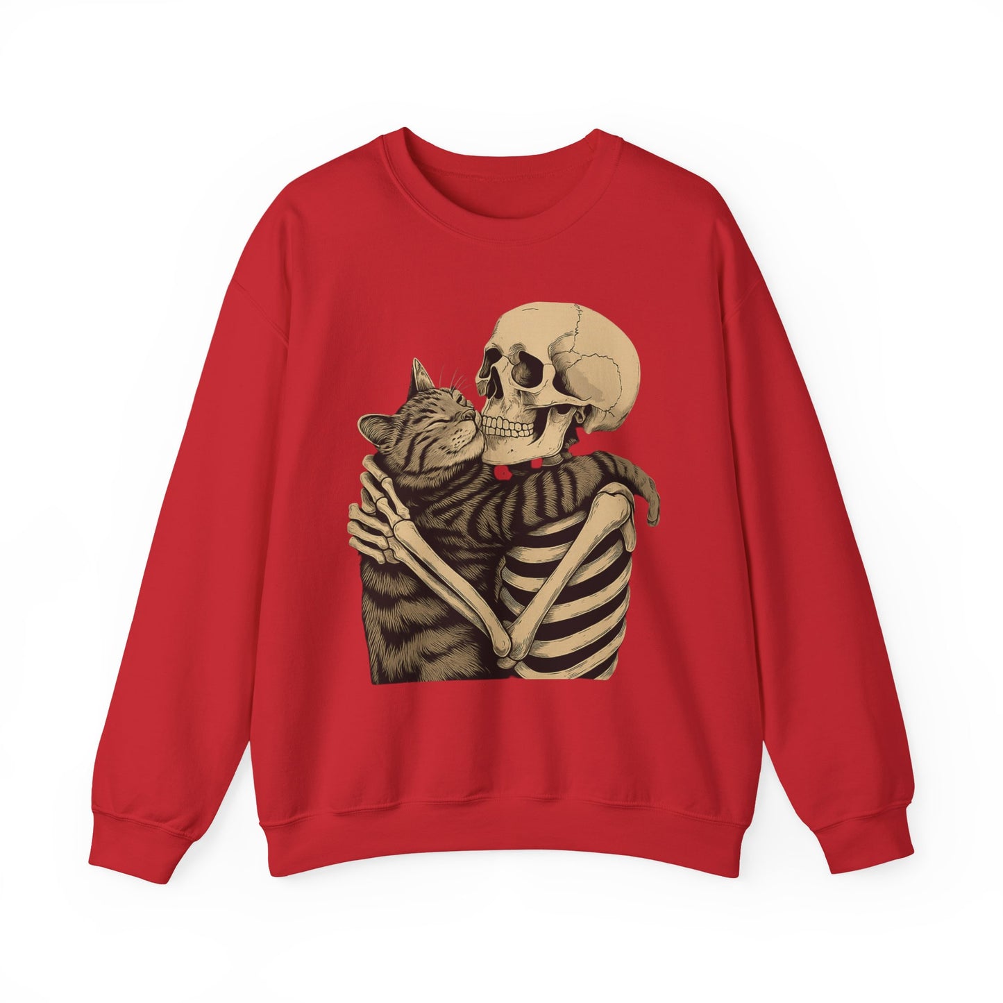Skeleton and Cat Love Crewneck Sweatshirt, Cozy Unisex Pullover, Funny Sweatshirts, Halloween Gift, Pet Lover Apparel, Casual Fashion
