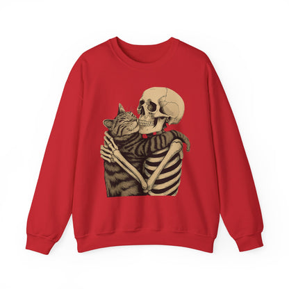 Skeleton and Cat Love Crewneck Sweatshirt, Cozy Unisex Pullover, Funny Sweatshirts, Halloween Gift, Pet Lover Apparel, Casual Fashion