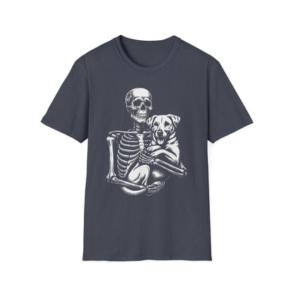 Skeleton and Dog Graphic Tee, Halloween T-Shirt, Pet Lover Gift, Unisex Softstyle Shirt, Casual Wear, Funny Pet Shirt