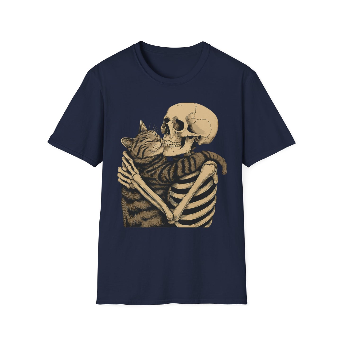 Skeleton and Cat Unisex T-Shirt, Cute Cat Lover Gift, Halloween Apparel, Cozy Casual Wear, Funny Gift for Pet Owners