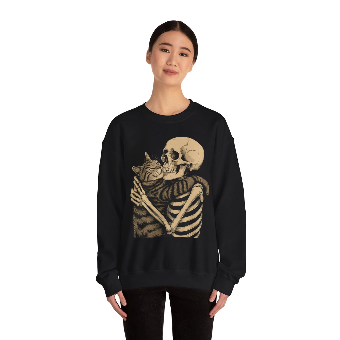 Skeleton and Cat Love Crewneck Sweatshirt, Cozy Unisex Pullover, Funny Sweatshirts, Halloween Gift, Pet Lover Apparel, Casual Fashion