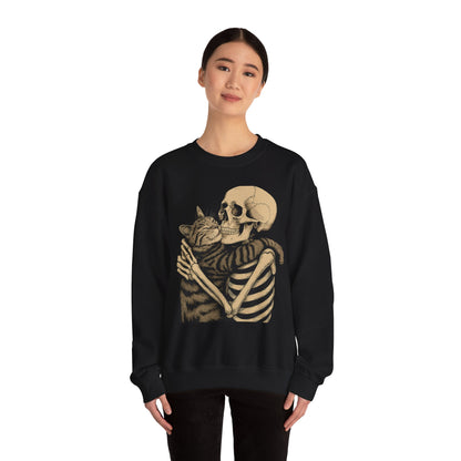 Skeleton and Cat Love Crewneck Sweatshirt, Cozy Unisex Pullover, Funny Sweatshirts, Halloween Gift, Pet Lover Apparel, Casual Fashion