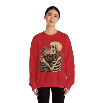 Skeleton and Cat Love Crewneck Sweatshirt, Cozy Unisex Pullover, Funny Sweatshirts, Halloween Gift, Pet Lover Apparel, Casual Fashion