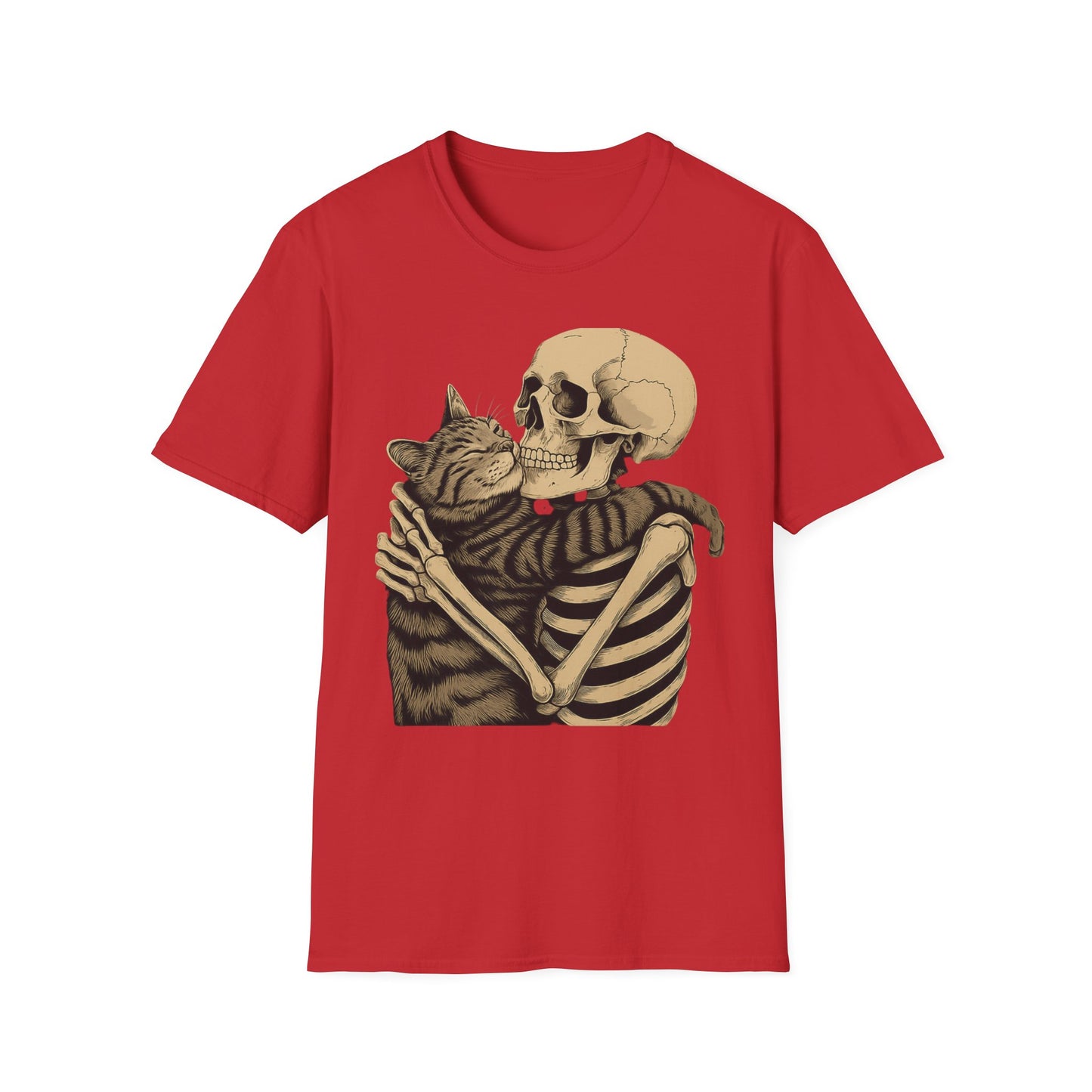 Skeleton and Cat Unisex T-Shirt, Cute Cat Lover Gift, Halloween Apparel, Cozy Casual Wear, Funny Gift for Pet Owners