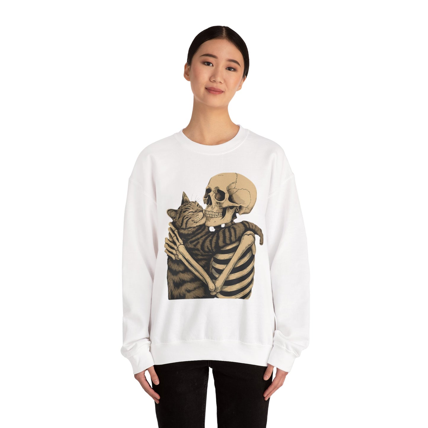 Skeleton and Cat Love Crewneck Sweatshirt, Cozy Unisex Pullover, Funny Sweatshirts, Halloween Gift, Pet Lover Apparel, Casual Fashion