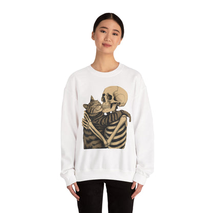 Skeleton and Cat Love Crewneck Sweatshirt, Cozy Unisex Pullover, Funny Sweatshirts, Halloween Gift, Pet Lover Apparel, Casual Fashion