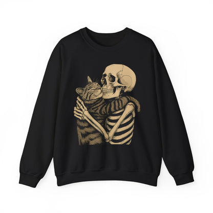 Skeleton and Cat Love Crewneck Sweatshirt, Cozy Unisex Pullover, Funny Sweatshirts, Halloween Gift, Pet Lover Apparel, Casual Fashion