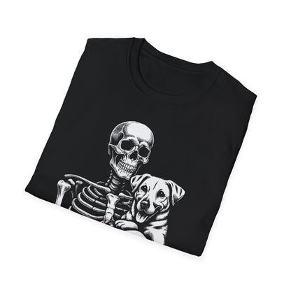 Skeleton and Dog Graphic Tee, Halloween T-Shirt, Pet Lover Gift, Unisex Softstyle Shirt, Casual Wear, Funny Pet Shirt
