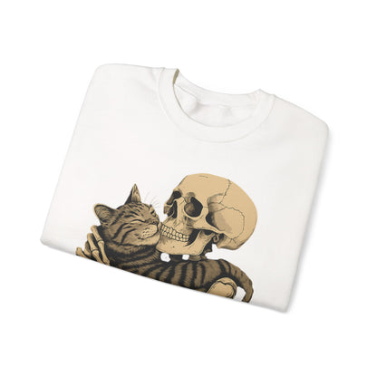 Skeleton and Cat Love Crewneck Sweatshirt, Cozy Unisex Pullover, Funny Sweatshirts, Halloween Gift, Pet Lover Apparel, Casual Fashion
