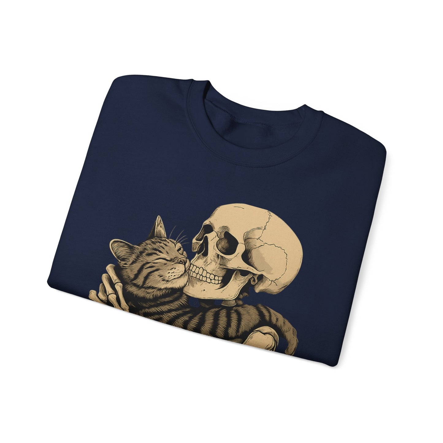 Skeleton and Cat Love Crewneck Sweatshirt, Cozy Unisex Pullover, Funny Sweatshirts, Halloween Gift, Pet Lover Apparel, Casual Fashion