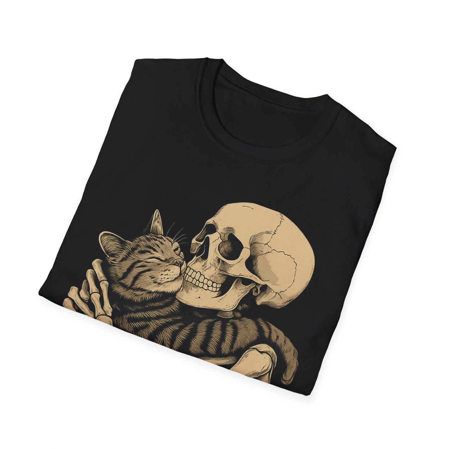 Skeleton and Cat Unisex T-Shirt, Cute Cat Lover Gift, Halloween Apparel, Cozy Casual Wear, Funny Gift for Pet Owners