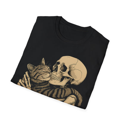 Skeleton and Cat Unisex T-Shirt, Cute Cat Lover Gift, Halloween Apparel, Cozy Casual Wear, Funny Gift for Pet Owners