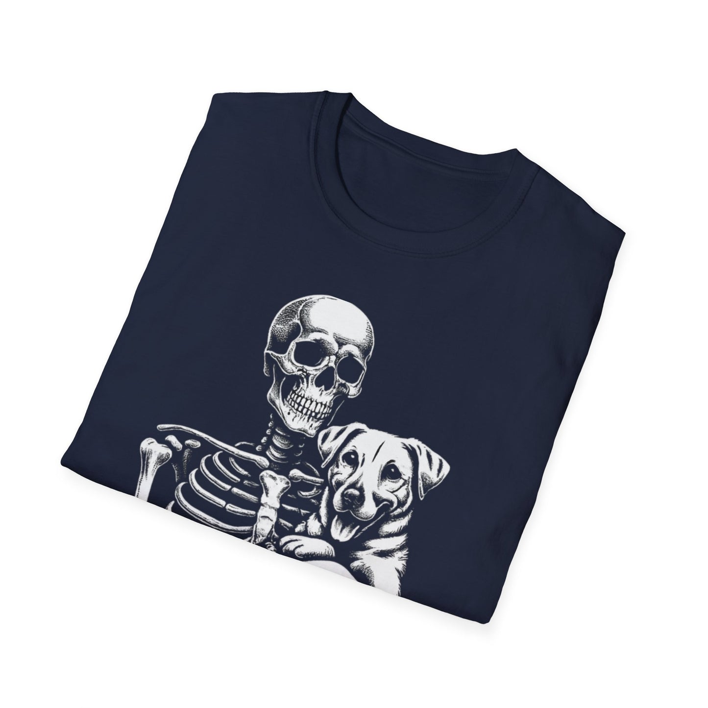 Skeleton and Dog Graphic Tee, Halloween T-Shirt, Pet Lover Gift, Unisex Softstyle Shirt, Casual Wear, Funny Pet Shirt