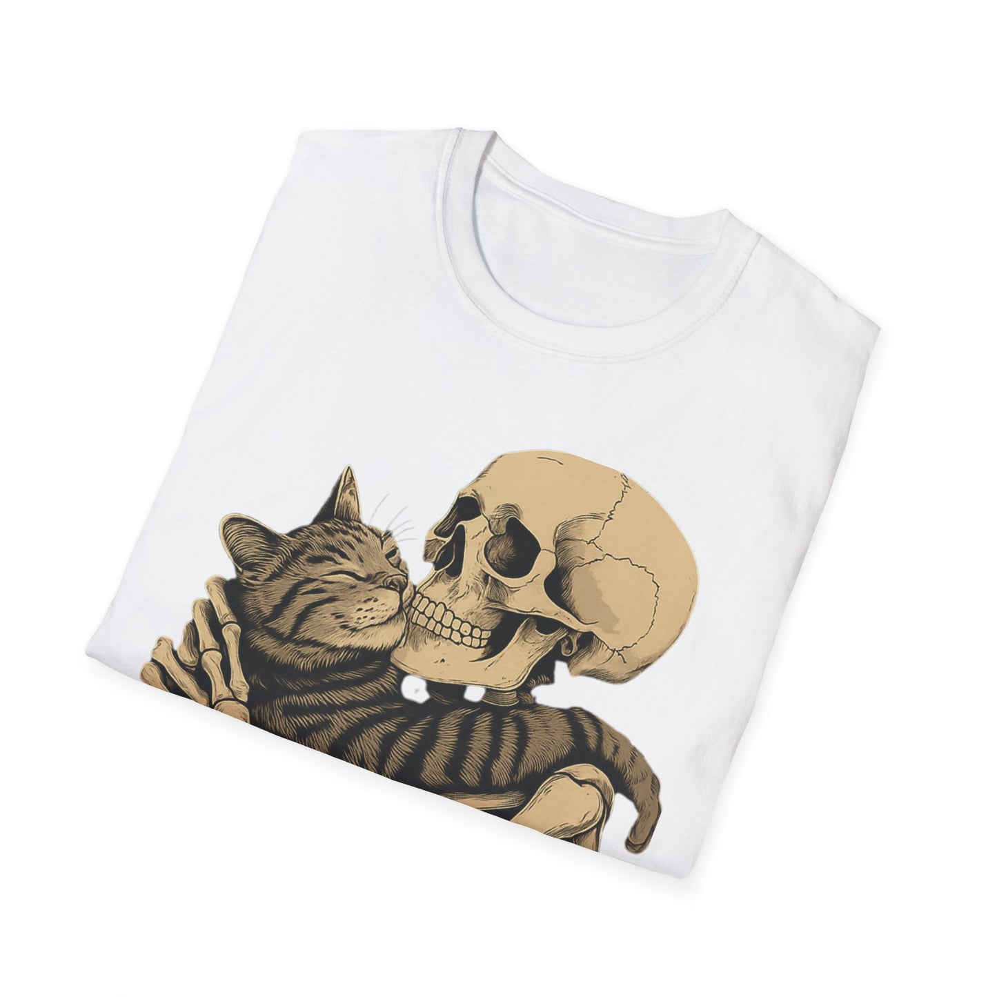 Skeleton and Cat Unisex T-Shirt, Cute Cat Lover Gift, Halloween Apparel, Cozy Casual Wear, Funny Gift for Pet Owners