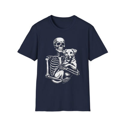 Skeleton and Dog Graphic Tee, Halloween T-Shirt, Pet Lover Gift, Unisex Softstyle Shirt, Casual Wear, Funny Pet Shirt