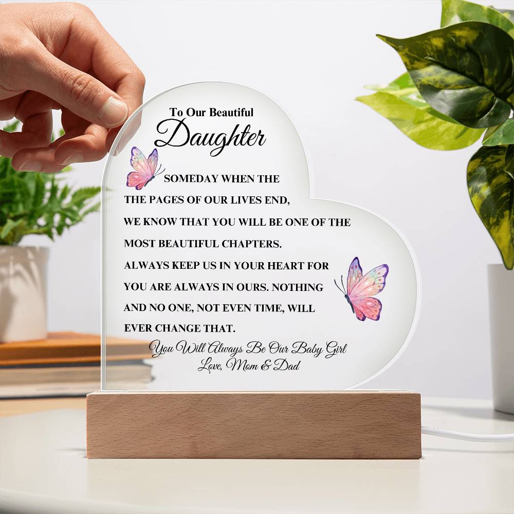 To Our Beautiful Daughter - Love Mom & Dad | Heart Acrylic Plaque (Pink Butterfly)