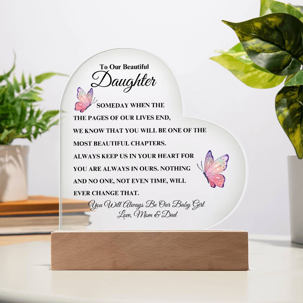To Our Beautiful Daughter - Love Mom & Dad | Heart Acrylic Plaque (Pink Butterfly)