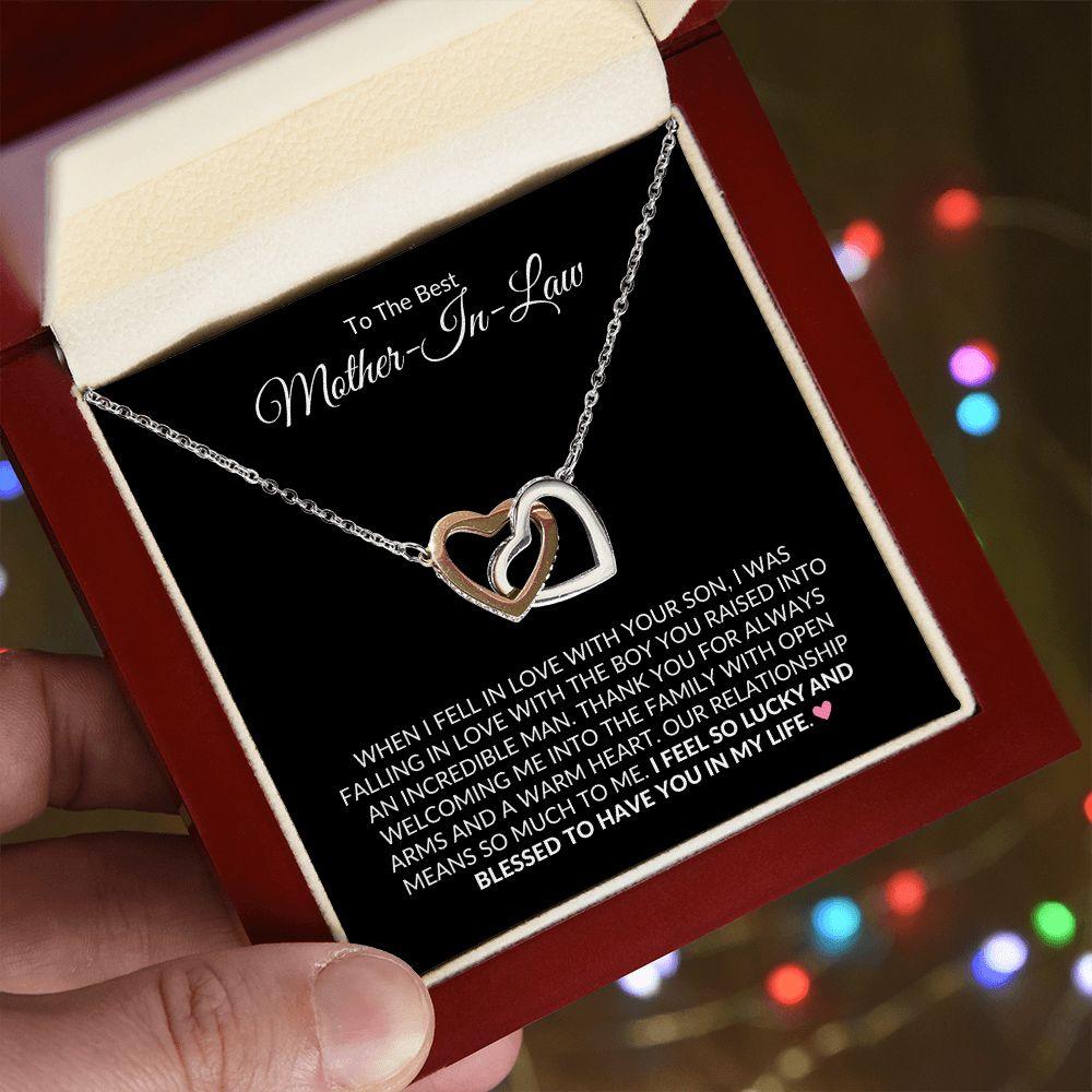 To The Best Mother-In-Law | Lucky and Blessed | Interlocking Hearts Necklace - Gift for Mother's Day, Wedding, Birthday, Holidays - ALL4THEGIFTOFIT